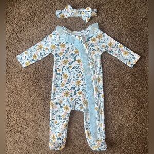 Baby Essentials Floral One Piece with Headband - Blue and Yellow